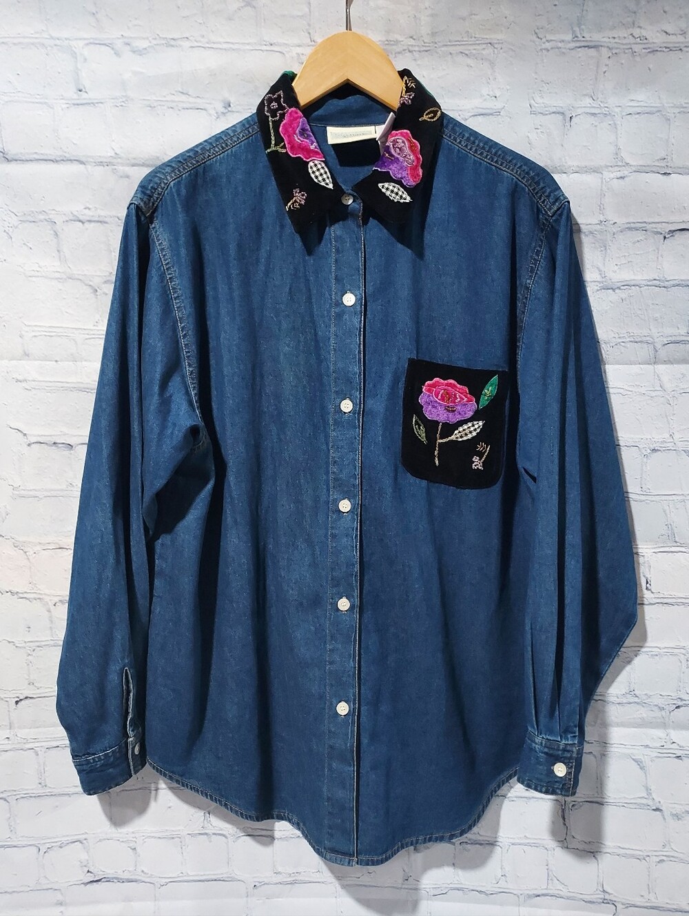 Susan Bristol L Cotton Button Up Velvet Collar Floral Embellished Grandmacore